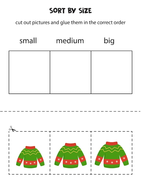 Sort Christmas sweater by size Educational worksheet for kids