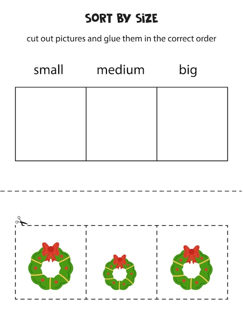 Sort Christmas wreaths by size Educational worksheet for kids