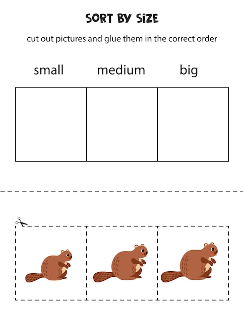 Sort cute beavers by size Educational worksheet for kids