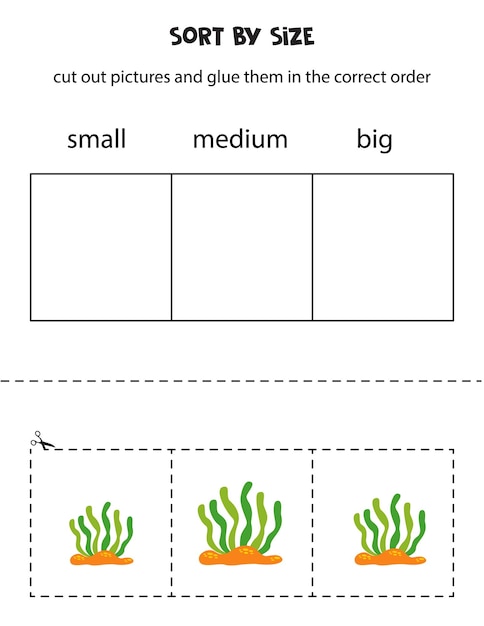 Sort cute cartoon sea weeds by size Educational worksheet for kids