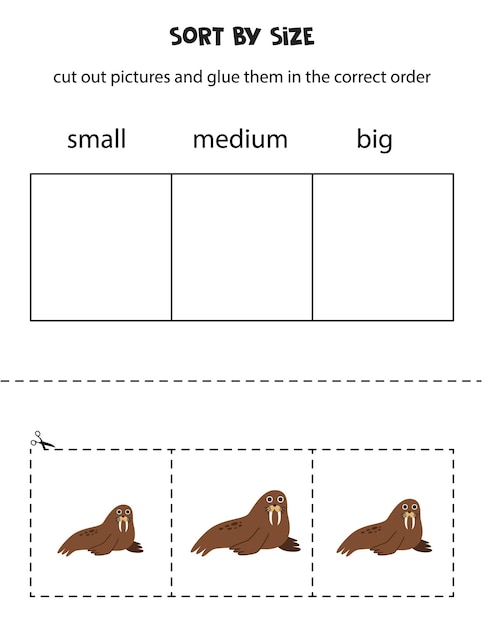 Sort cute walruses by size Educational worksheet for kids