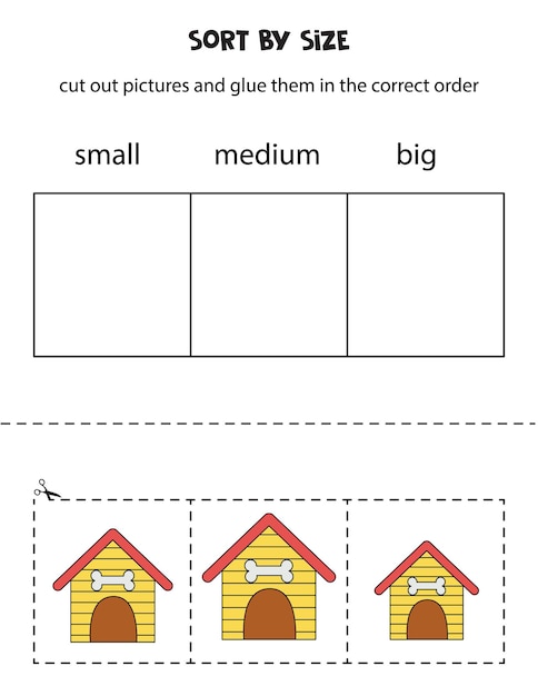 Sort dog houses by size Educational worksheet for kids