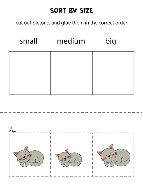 Sort gray cats by size Educational worksheet for kids