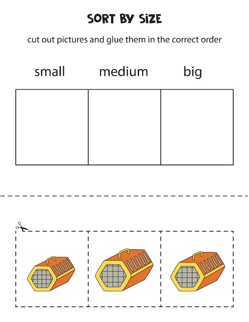 Sort pet carriers by size Educational worksheet for kids