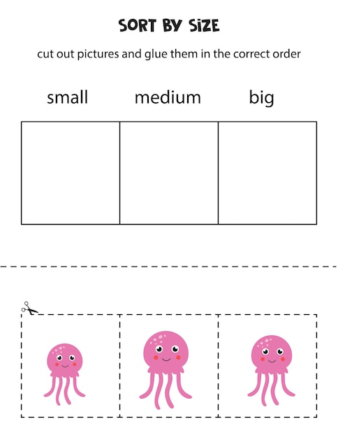 Sort pictures by size. Educational worksheet for kids.