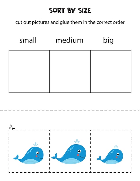 Sort pictures by size. Educational worksheet for kids.