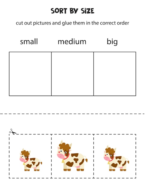 Sort pictures by size. Educational worksheet for kids.