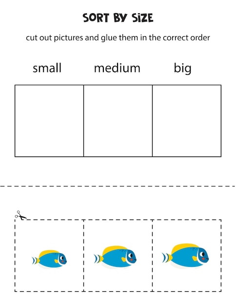 Sort powder blue tang fish by size Educational worksheet for kids