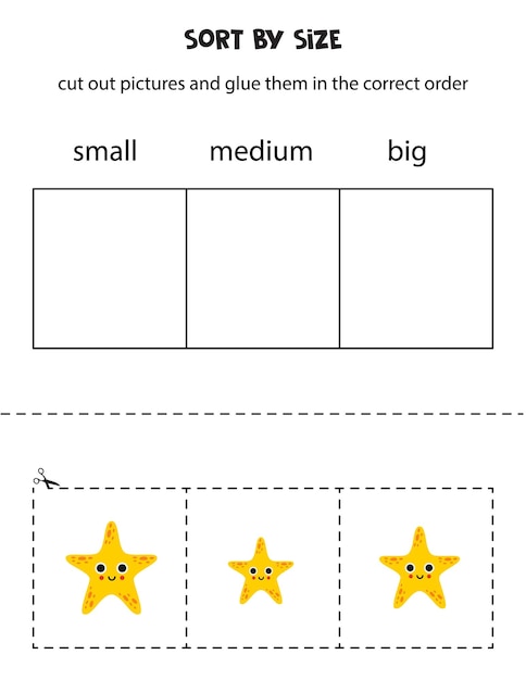 Sort yellow starfish by size Educational worksheet for kids