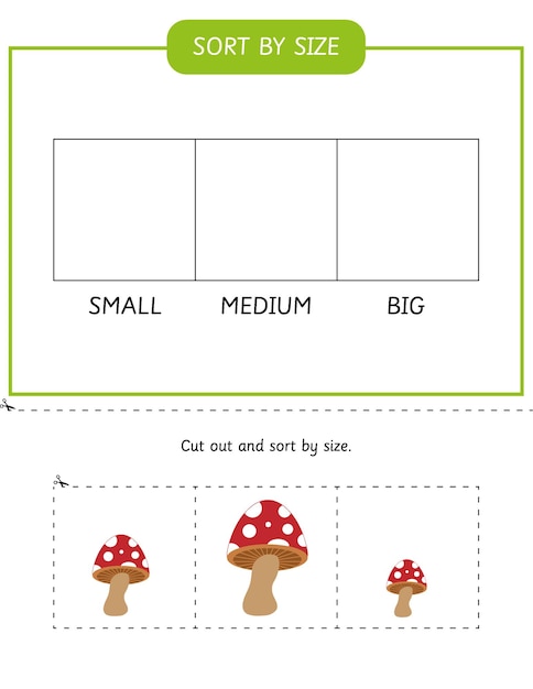 Sorting activity for kids. Sort mushrooms by size worksheet. Fall educational game. Autumn