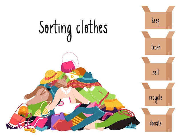 Sorting clothes A pile of clothes lying randomly on the floor Boxes with inscriptions donate sell keep trash recycle Color vector illustration of isolated on a white background