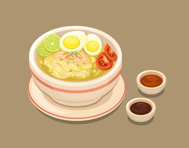 Soto Ayam aka Chicken soup traditional food from Indonesia tasty food served in bowl with sauce