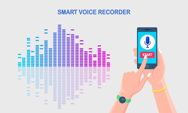 Sound audio gradient wave from equalizer. Cellphone with microphone icon on screen. Mobile phone app for digital voice radio record. Music frequency in color spectrum. Vector flat design