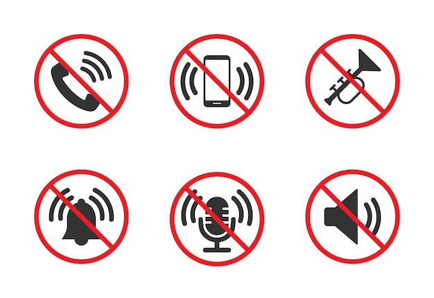 Sound forbidden icons set Silent mode icons Prohibition sign collection No sound symbols Vector illustration