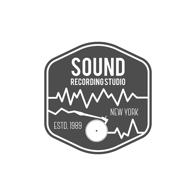 Sound, recording studio vector label, badge, emblem logo with musical instrument. Stock vector illustration isolated on white background.