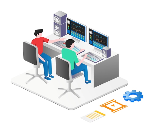 Sound system operator team and video isometric illustration concept