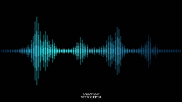 sound wave stripes in blue green colors dynamic flowing on black background in concept of music, sound.