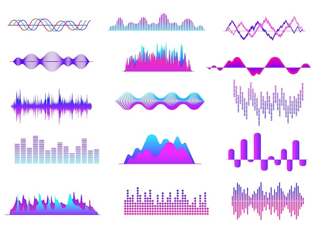 Vector sound waves color music wave audio tune waveform pulse radio voice soundtrack curves soundwave abstract volume signals vector set illustration soundwave and soundtrack wave frequency curve