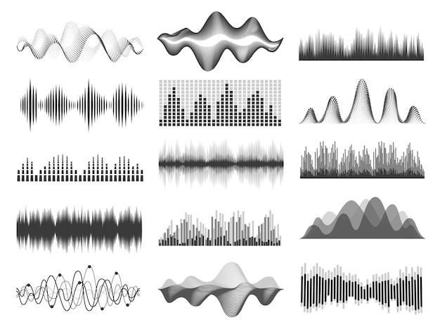 Sound waves. Graphic music soundwave frequency. Pulse lines, radio equalizer, voice record or impulse wave. Audio player chart vector set. Flowing soundtrack bar with curves in studio or club