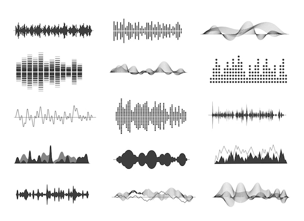 Sound waves Musical sounds black wave tracks Music impulse waveform icons Voice radio audio track Exact signal amplitude vector collection