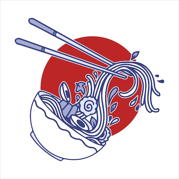 Vector soup with ramen noodles noodles vector illustration traditional asian japanese food in sun red circle with texture vector illustration