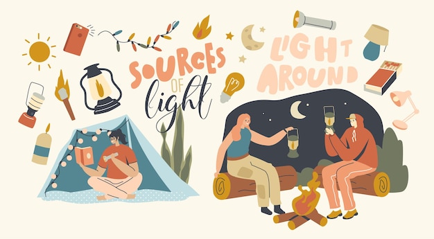 Sources of Light Concept. Male and Female Characters Use Different Supplies for Illumination. Men and Women with Flashlight, Lantern and Matches, Torch or Garland. Cartoon People Vector Illustration