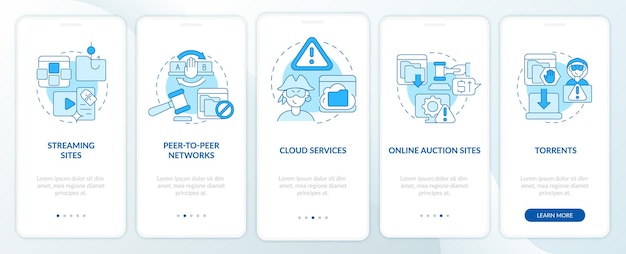 Sources of pirated content onboarding mobile app page screen. Streaming sites walkthrough 5 steps graphic instructions with concepts. UI, UX, GUI vector template with linear color illustrations