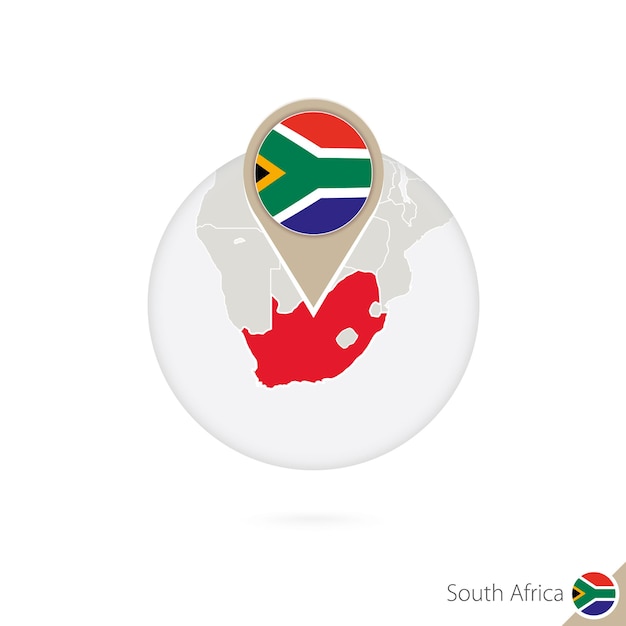 South Africa map and flag in circle. Map of South Africa, South Africa flag pin. Map of South Africa in the style of the globe. Vector Illustration.