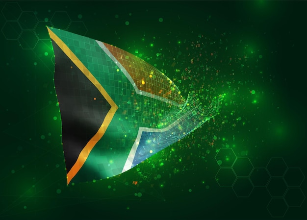 South Africa on vector 3d flag on green background with polygons and data numbers