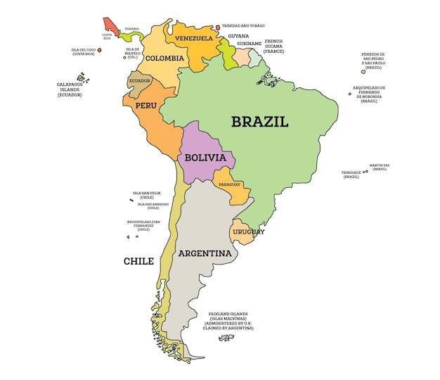 South America Political Map Map with Name of Countries Isolated on White