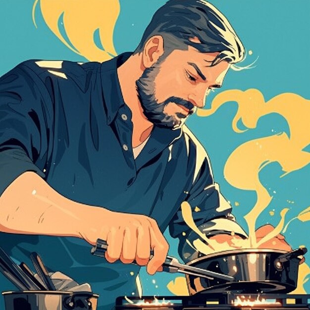 Vector south asian man in his 20s cooking in a restaurant