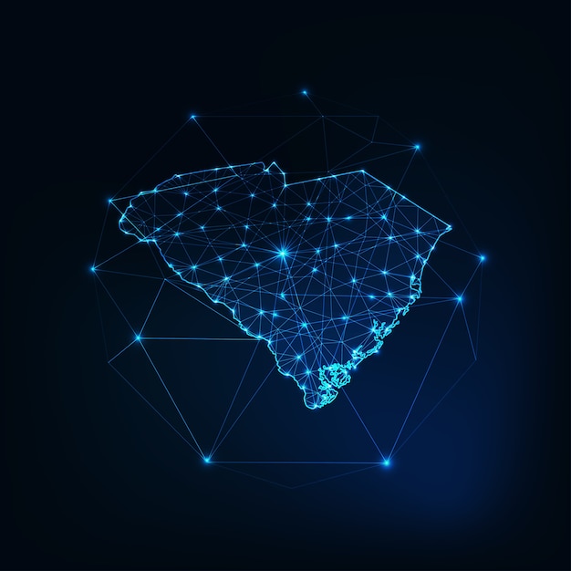 South Carolina USA map glowing silhouette outline made of stars lines dots triangles