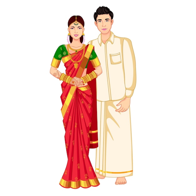 South Indian Wedding Couple Standing wearing Silk Saree and veshti