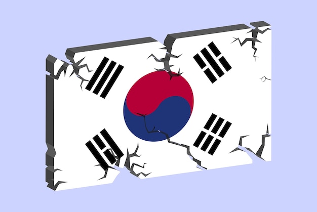 South Korea flag on 3D cracked wall vector fracture pattern with cracked texture issues concept