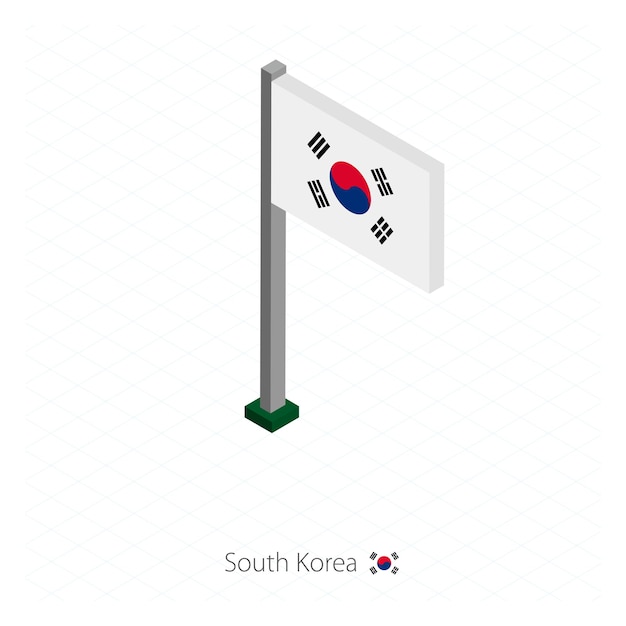 South Korea Flag on Flagpole in Isometric dimension Isometric blue background Vector illustration