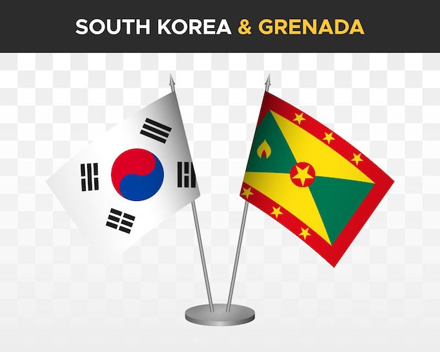 South korea vs grenada desk flags mockup isolated 3d vector illustration table flags