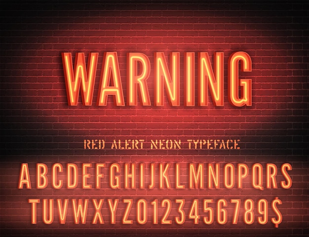 Soviet night light glow font Warning sign with red narrow neon alphabet on brick wall Vector