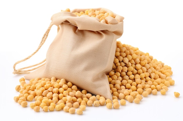 Soy in a bag Isolated on white background dried chickpeas in the sack isolated on white