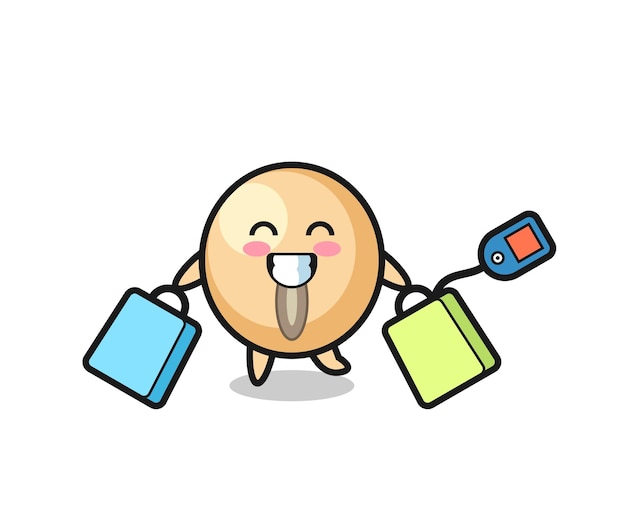 Soy bean mascot cartoon holding a shopping bag