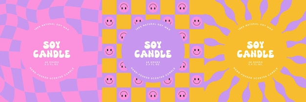 Soy candle vector label design template with groovy flowers background