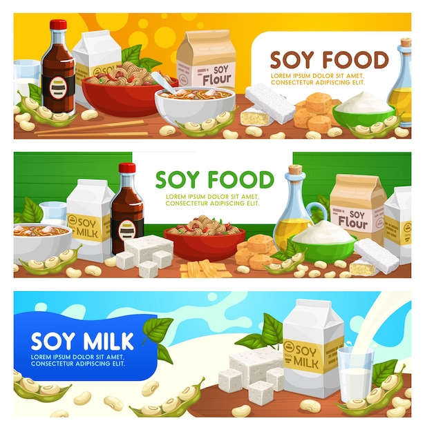 Soy food and soybean products vector banners set