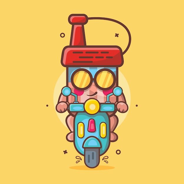 soy sauce bottle character mascot riding scooter motorcycle isolated cartoon in flat style design