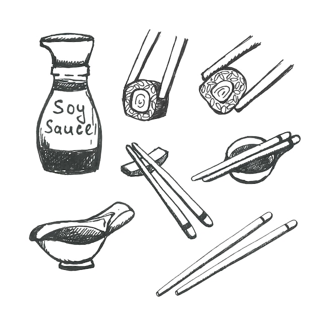 Soy sauce with sticks for sushi doodle set. Japanese food. Vector illustration. Hand drawing.