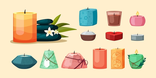 Spa candles colored relax wax aroma candles for interior decoration aromatherapy items Vector cartoon template isolated