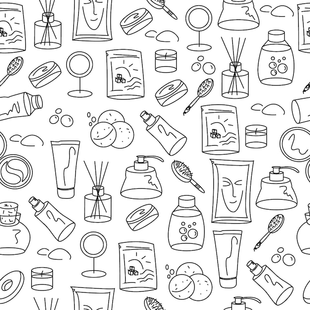 Spa care doodle style seamless pattern in black and white