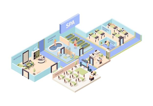 Spa center isometric. Beauty relax salon rooms for yoga swimming pool meditation sauna massage garish vector illustrations. Beauty and spa relaxation, relax and care