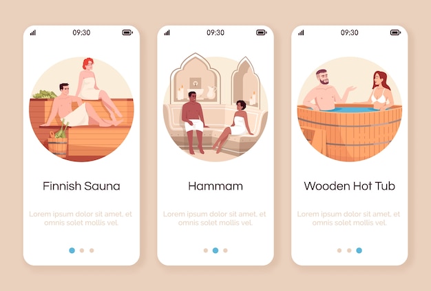 Vector spa resort for couples onboarding mobile app screen  template. finnish sauna. moroccan hammam. wooden hot tub. walkthrough website steps with  characters. smartphone cartoon ux, ui, gui