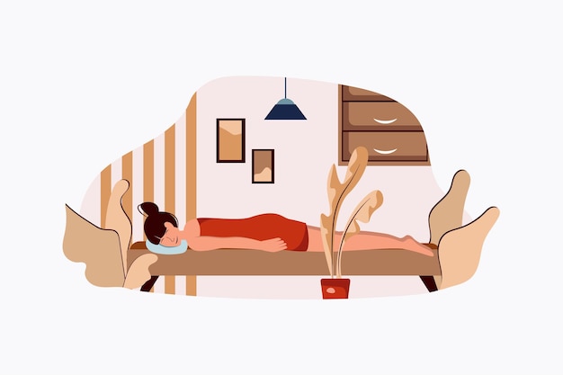 Spa salon concept with people scene in the flat cartoon style Woman came for a massage in spa salon in order to rest and relax Vector illustration