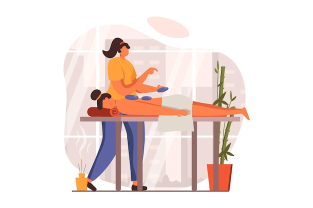 Spa salon web concept in flat design Professional masseur does manual therapy with hot stones to patient Woman lying on couch and getting relax back massage Vector illustration with people scene