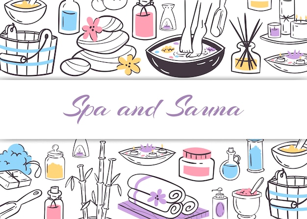 Spa and sauna, ladies health and beauty doodles illustration poster. 